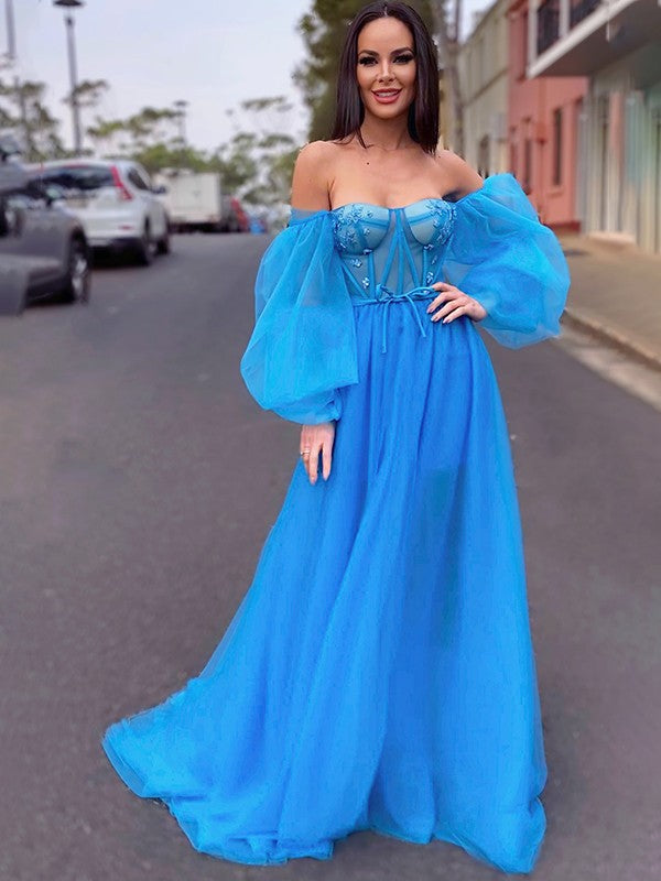 A-Line Princess Tulle Beading Off-the-Shoulder Long Sleeves  Dresses