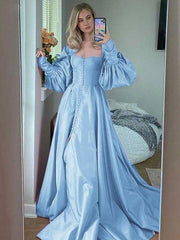 Sky Blue Long Sleeve Square Neck Button Prom Dress