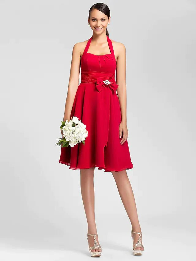 Princess / A-Line Bridesmaid Dress Halter Neck Sleeveless Open Back Knee Length Chiffon with Bow(s) / Ruched / Draping - RongMoon