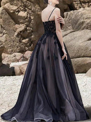 Princess A-Line Wedding Dresses V Neck Spaghetti Strap Sweep / Brush Train Lace Tulle Sleeveless Formal Romantic Sexy Black Backless with Appliques - RongMoon