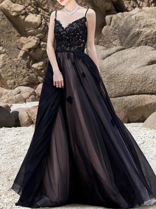 Princess A-Line Wedding Dresses V Neck Spaghetti Strap Sweep / Brush Train Lace Tulle Sleeveless Formal Romantic Sexy Black Backless with Appliques - RongMoon
