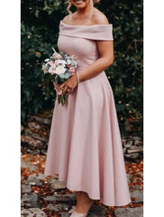 A-Line Bridesmaid Dress Off Shoulder Short Sleeve Sexy Asymmetrical Stretch Fabric with Pleats - RongMoon
