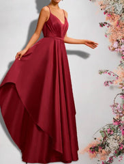 A-Line Bridesmaid Dress V Neck / Spaghetti Strap Sleeveless Sexy Floor Length Satin with Pleats - RongMoon