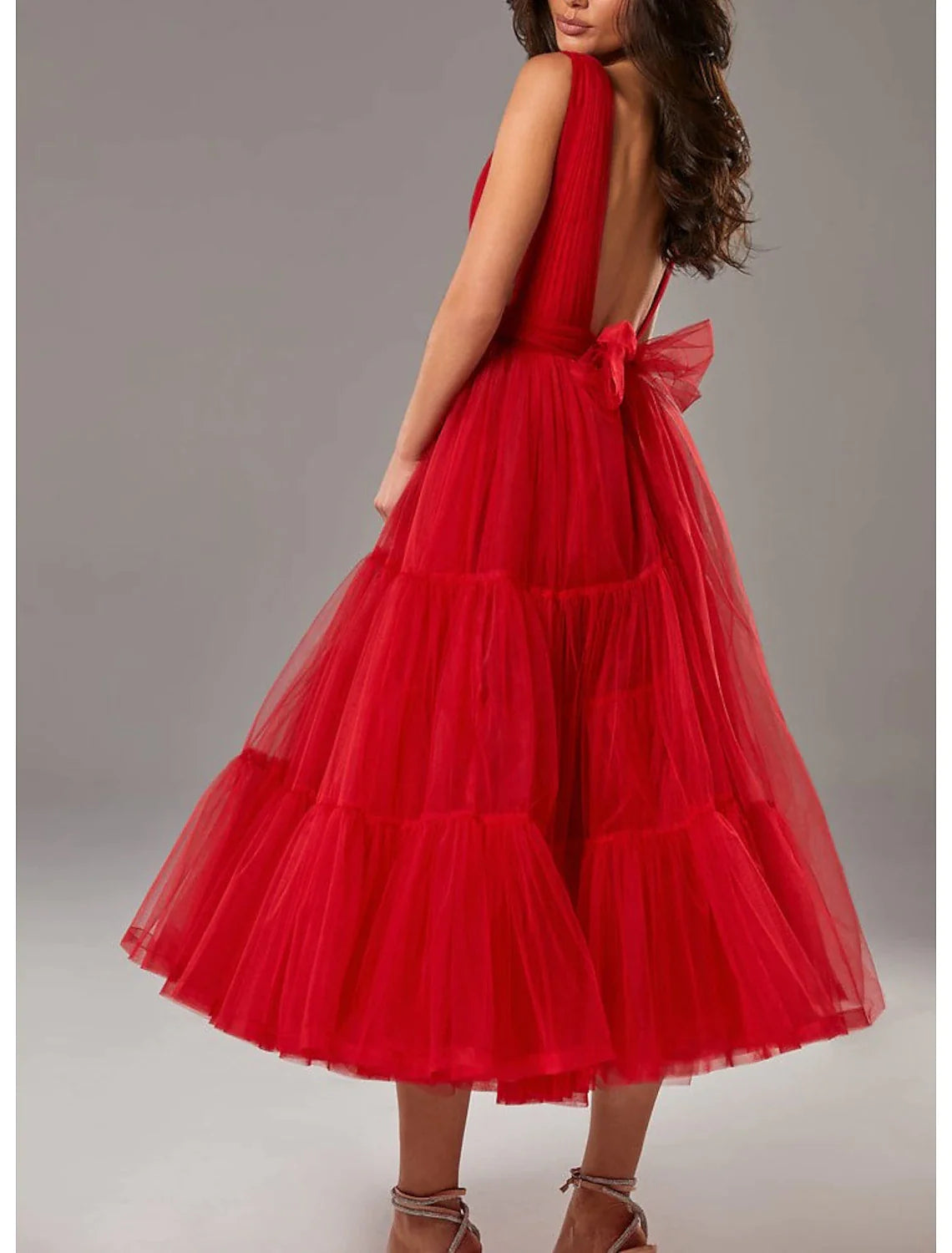 A-Line Prom Dresses Princess Dress Wedding Guest Tea Length Sleeveless V Neck Tulle with Bow(s) Pleats