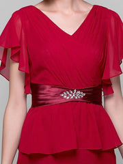 Sheath / Column Mother of the Bride Dress Vintage Inspired V Neck Tea Length Chiffon Short Sleeve with Sash / Ribbon Criss Cross Crystals 2022 / Poet Sleeve - RongMoon