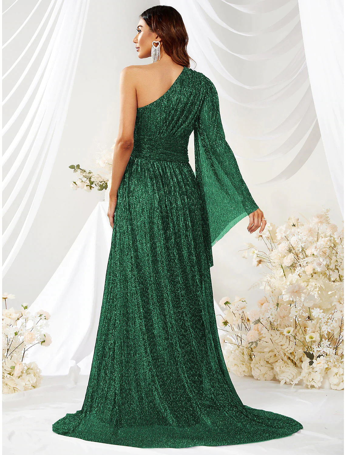 A-Line Wedding Guest Dresses Sparkle & Shine Dress Formal Evening Party Sweep / Brush Train Long Sleeve One Shoulder Polyester with Glitter Slit