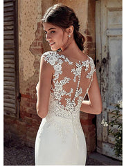 Beach Open Back Wedding Dresses Mermaid / Trumpet Illusion Neck Cap Sleeve Court Train Chiffon Bridal Gowns With Appliques