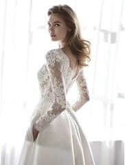 Reception Formal Wedding Dresses A-Line Illusion Neck Long Sleeve Chapel Train Satin Bridal Gowns With Lace Pleats