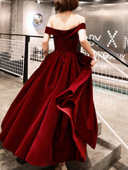 A-Line Evening Gown Elegant Dress Wedding Guest Ankle Length Short Sleeve Off Shoulder Velvet with Sleek