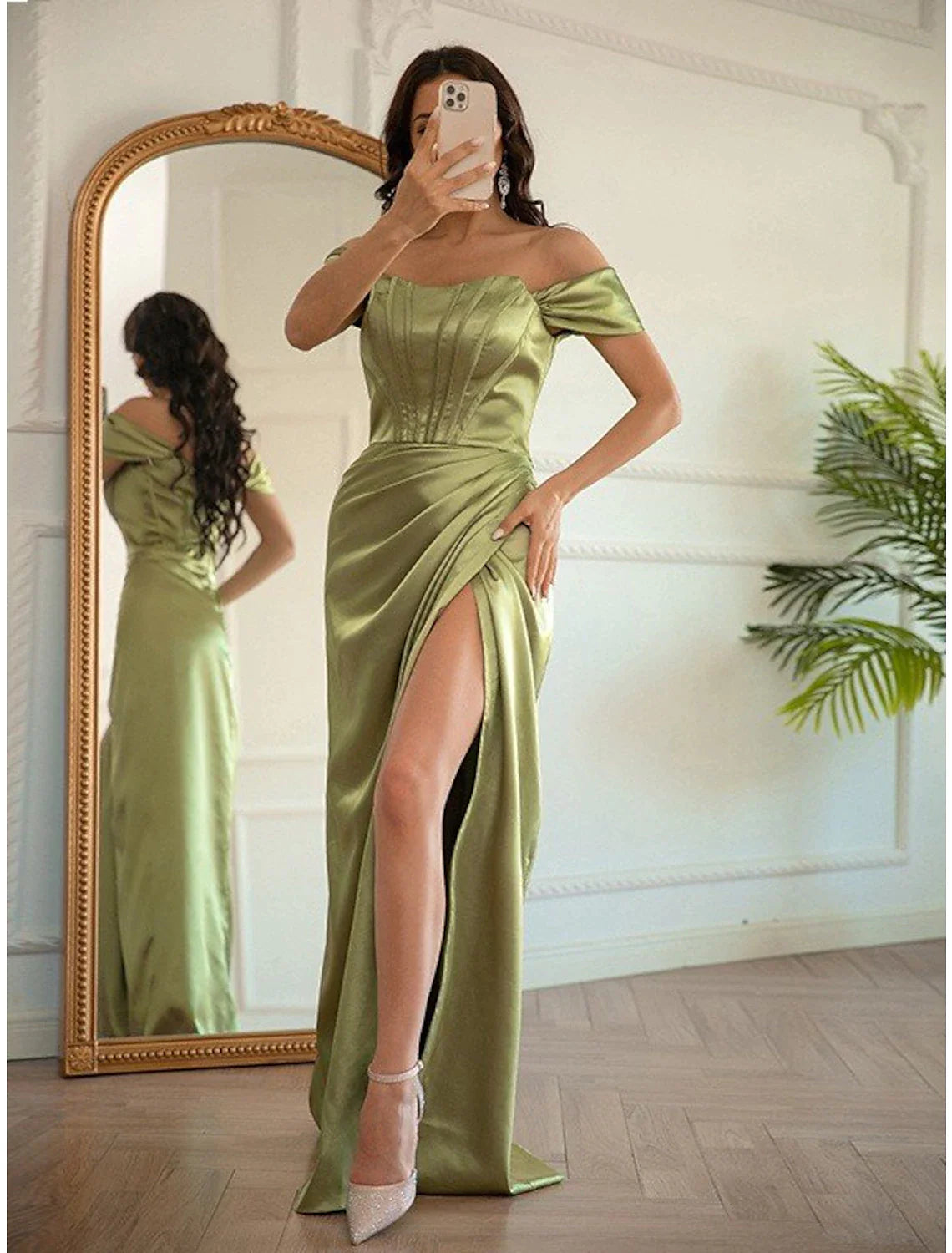 Mermaid / Trumpet Prom Dresses Corsets Dress Prom Floor Length Short Sleeve Off Shoulder Charmeuse with Slit