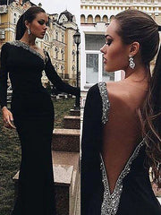Mermaid / Trumpet Evening Gown Open Back Dress Engagement Floor Length Long Sleeve V Neck Stretch Fabric with Crystals Beading