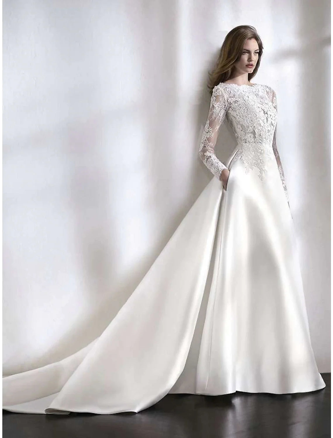 Beach Formal Wedding Dresses Chapel Train A-Line Long Sleeve Illusion Neck Satin With Lace Pleats