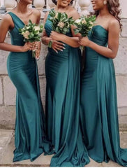 Mermaid / Trumpet Bridesmaid Dress One Shoulder Sleeveless Elegant Sweep / Brush Train Spandex with Draping / Solid Color - RongMoon
