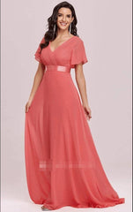 Romantic A Line Chiffon V-neck Short Sleeve Prom Evening Dress With Ruffles - RongMoon