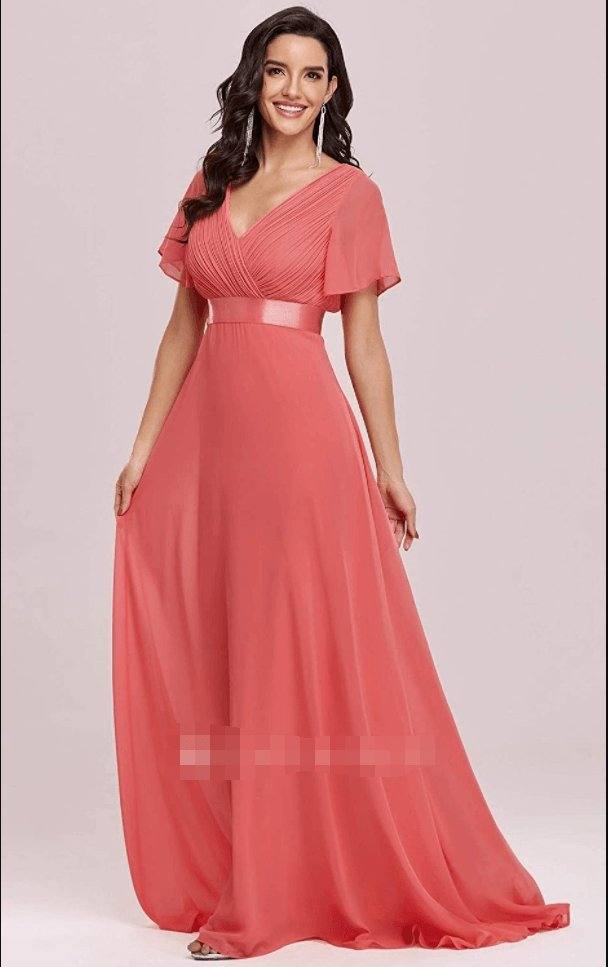 Romantic A Line Chiffon V-neck Short Sleeve Prom Evening Dress With Ruffles - RongMoon