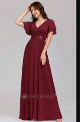 Romantic A Line Chiffon V-neck Short Sleeve Prom Evening Dress With Ruffles - RongMoon