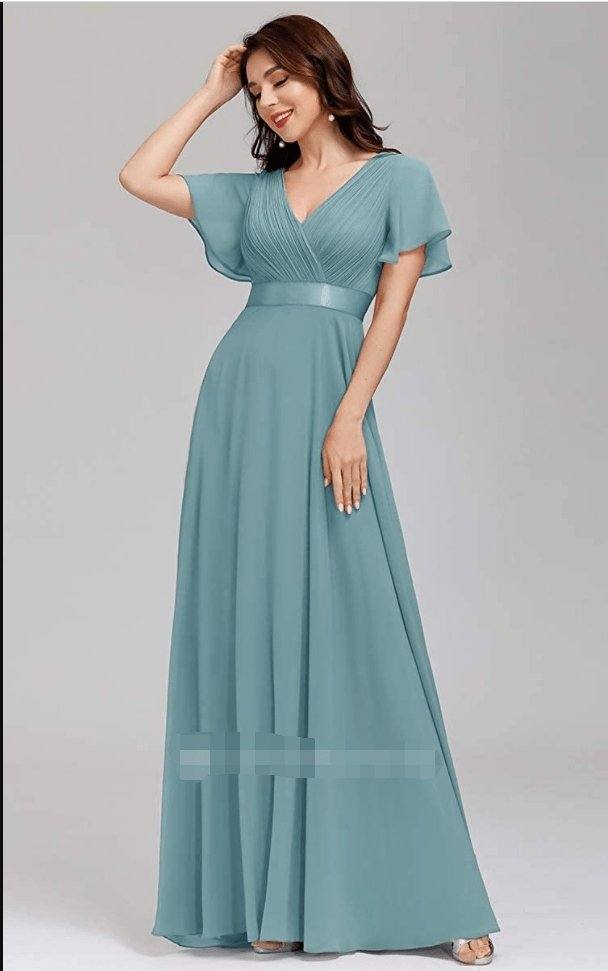 Romantic A Line Chiffon V-neck Short Sleeve Prom Evening Dress With Ruffles - RongMoon