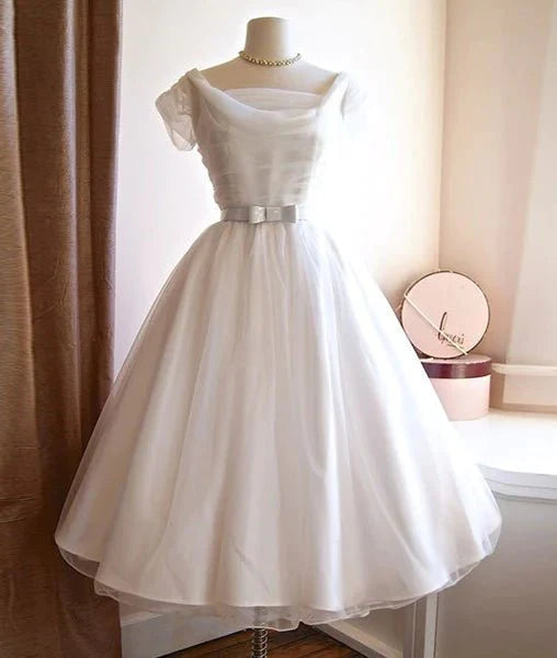 Round-Neck White Tulle Short Retro Prom Dresses, Retro Wedding Dresses - RongMoon