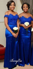 Off Shoulder Lace Top Royal Blue Sheath Long Bridesmaid Dresses - RongMoon