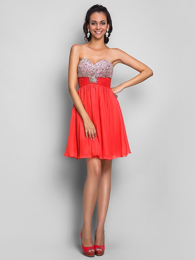 A-Line Cute Dress Wedding Guest Short / Mini Sleeveless Sweetheart Chiffon with Ruched Crystals Beading