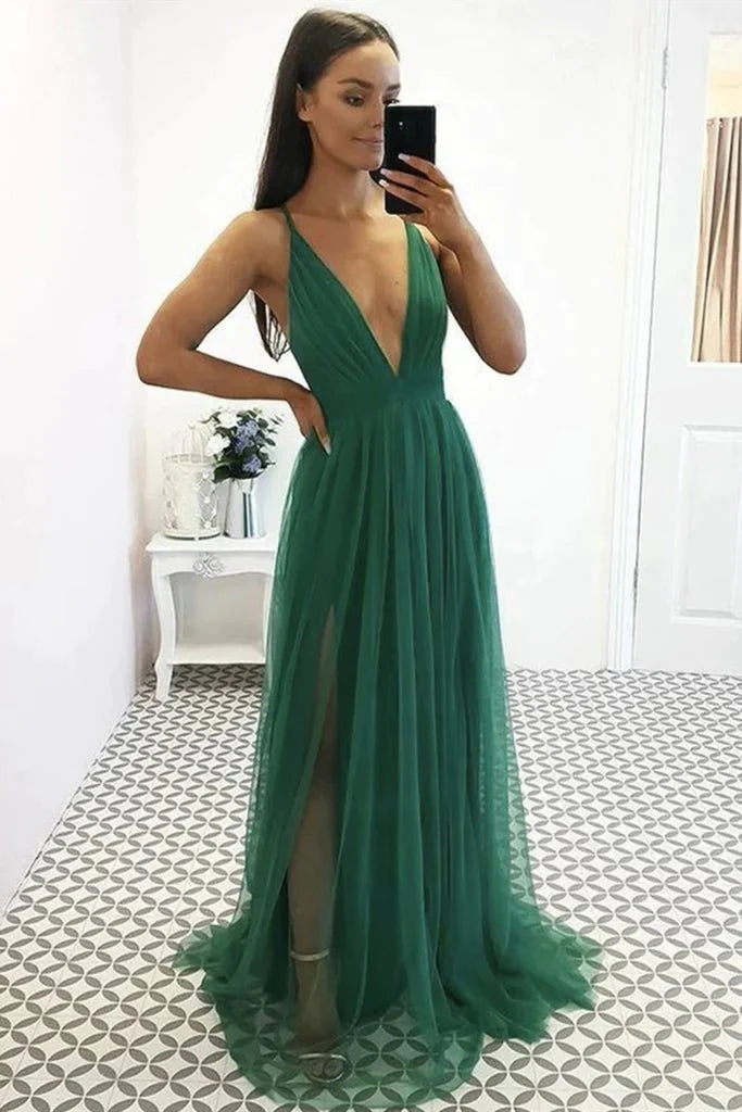 Sexy V Neck Green Tulle Long Prom Dress, V Neck Green Formal Dress, Green Evening Dress - RongMoon