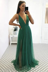 Sexy V Neck Green Tulle Long Prom Dress, V Neck Green Formal Dress, Green Evening Dress - RongMoon