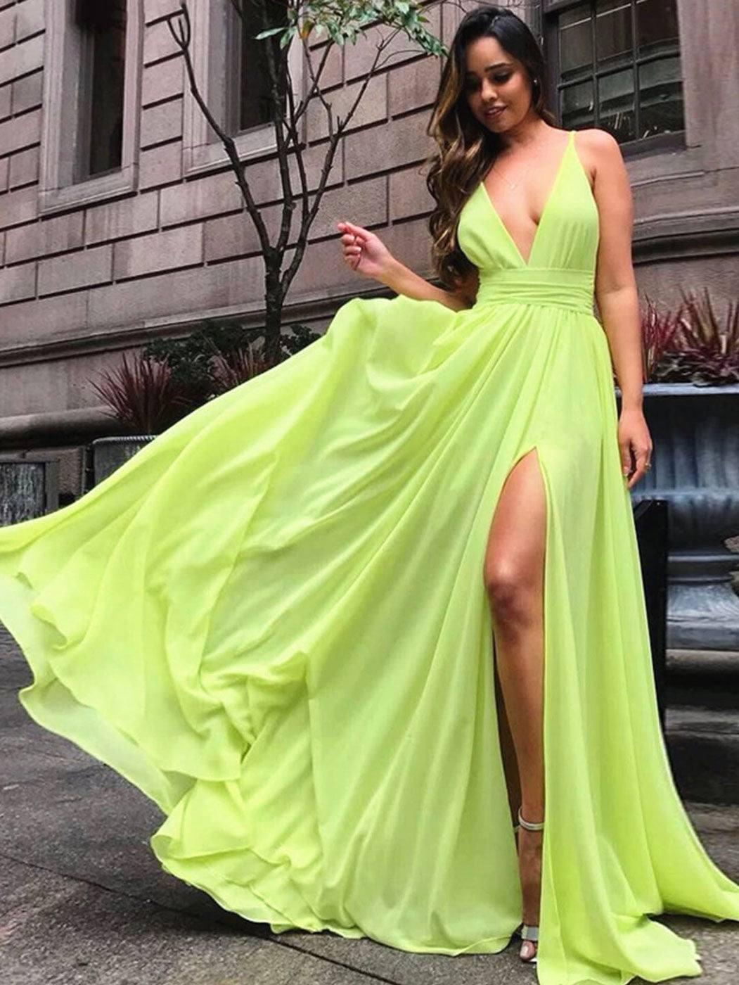 Simple V neck Chiffon Yellow Long Prom Dresses, Yellow Evening Dresses - RongMoon