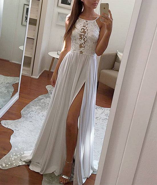 Simple white lace chiffon long prom dress, white evening dress - RongMoon
