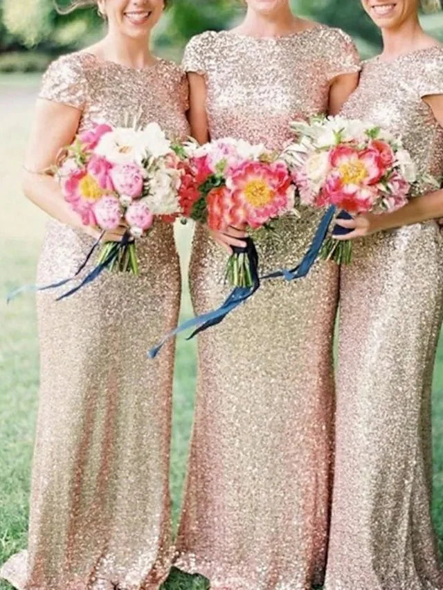 Sheath / Column Bridesmaid Dress Bateau Neck Short Sleeve Sparkle & Shine Floor Length Sequined with Sequin - RongMoon