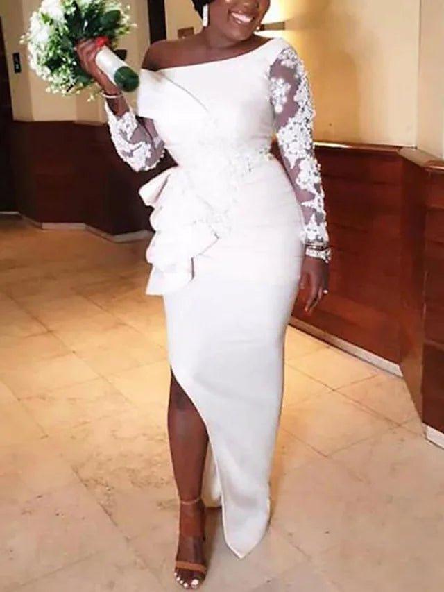 Sheath / Column Bridesmaid Dress Off Shoulder Long Sleeve Elegant Floor Length Lace / Stretch Chiffon with Ruffles / Solid Color - RongMoon