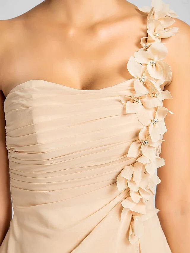 Sheath / Column Bridesmaid Dress One Shoulder Sleeveless Knee Length Chiffon with Side Draping / Flower - RongMoon