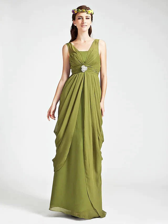 Sheath / Column Bridesmaid Dress Straps / V Neck Sleeveless Open Back Floor Length Chiffon with Ruched / Crystals / Draping - RongMoon