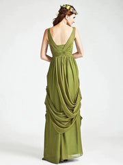 Sheath / Column Bridesmaid Dress Straps / V Neck Sleeveless Open Back Floor Length Chiffon with Ruched / Crystals / Draping - RongMoon