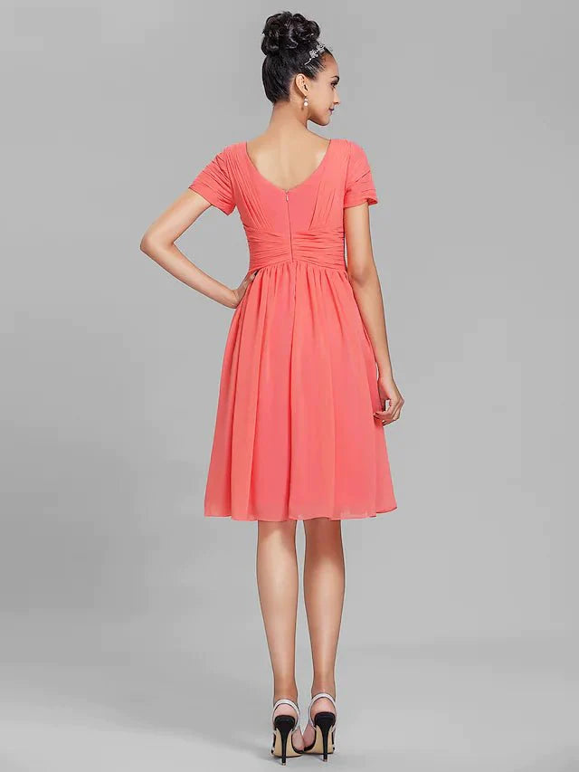 Sheath / Column Bridesmaid Dress V Neck Short Sleeve Vintage Inspired Knee Length Chiffon with Ruched / Draping - RongMoon