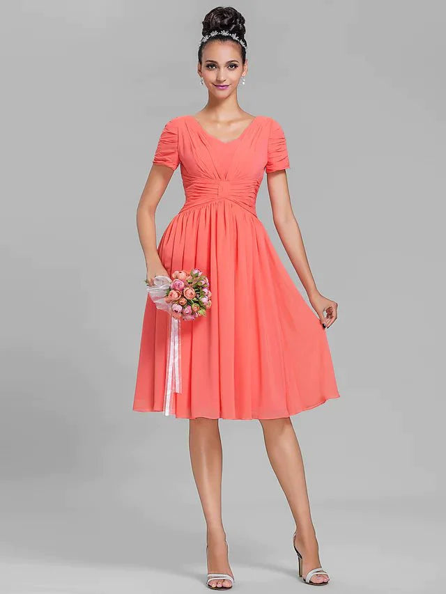 Sheath / Column Bridesmaid Dress V Neck Short Sleeve Vintage Inspired Knee Length Chiffon with Ruched / Draping - RongMoon