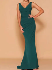 Sheath / Column Bridesmaid Dress V Neck Sleeveless Beautiful Back Floor Length Chiffon with Ruching - RongMoon