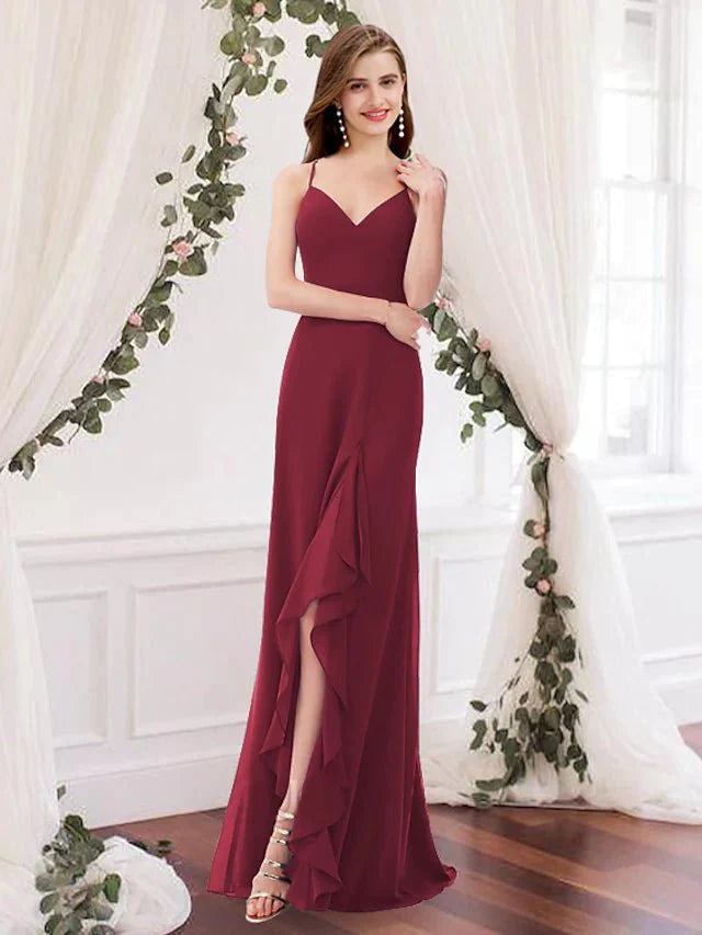 Sheath / Column Bridesmaid Dress V Neck Sleeveless Elegant Floor Length Chiffon with Pleats / Split Front - RongMoon