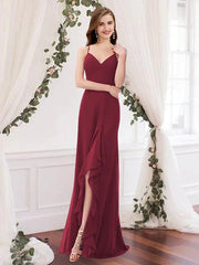 Sheath / Column Bridesmaid Dress V Neck Sleeveless Elegant Floor Length Chiffon with Pleats / Split Front - RongMoon