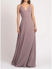 Sheath / Column Bridesmaid Dress V Neck Sleeveless Elegant Floor Length Chiffon with Ruching - RongMoon