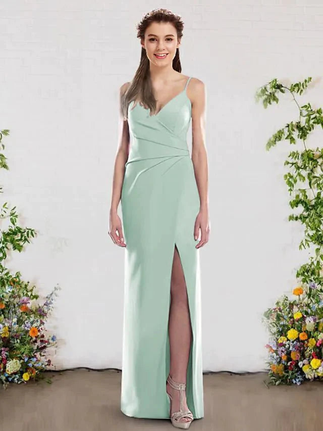 Sheath / Column Bridesmaid Dress V Neck Sleeveless Elegant Floor Length Chiffon with Split Front - RongMoon