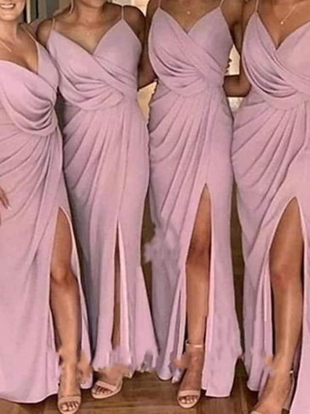 Sheath / Column Bridesmaid Dress V Neck / Spaghetti Strap Sleeveless Elegant Sweep / Brush Train Stretch Chiffon with Split Front / Solid Color - RongMoon