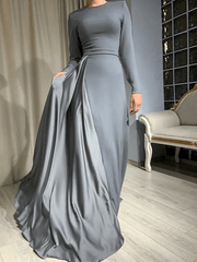 Sheath / Column Minimalist Elegant Wedding Guest Formal Evening Dress Jewel Neck Long Sleeve Floor Length Satin with Pleats - RongMoon