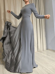 Sheath / Column Minimalist Elegant Wedding Guest Formal Evening Dress Jewel Neck Long Sleeve Floor Length Satin with Pleats - RongMoon