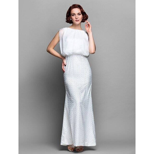 Sheath / Column Mother of the Bride Dress Bateau Neck Floor Length Chiffon Lace Sleeveless with Beading - RongMoon
