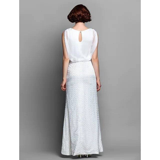 Sheath / Column Mother of the Bride Dress Bateau Neck Floor Length Chiffon Lace Sleeveless with Beading - RongMoon