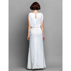 Sheath / Column Mother of the Bride Dress Bateau Neck Floor Length Chiffon Lace Sleeveless with Beading - RongMoon