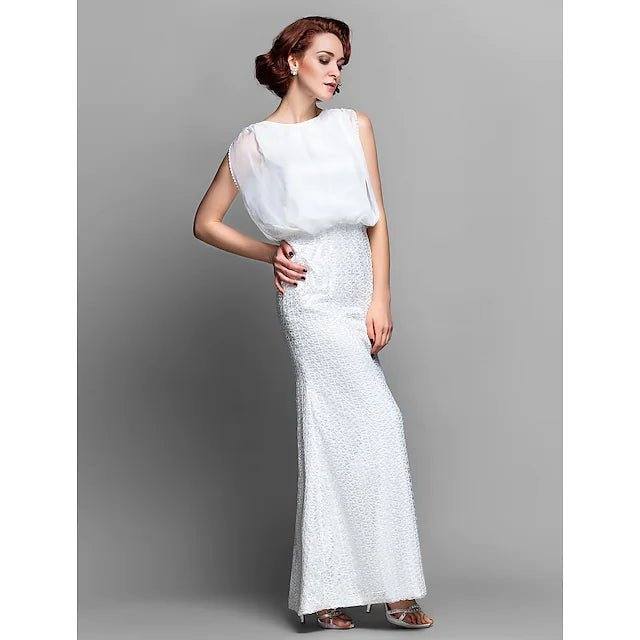 Sheath / Column Mother of the Bride Dress Bateau Neck Floor Length Chiffon Lace Sleeveless with Beading - RongMoon