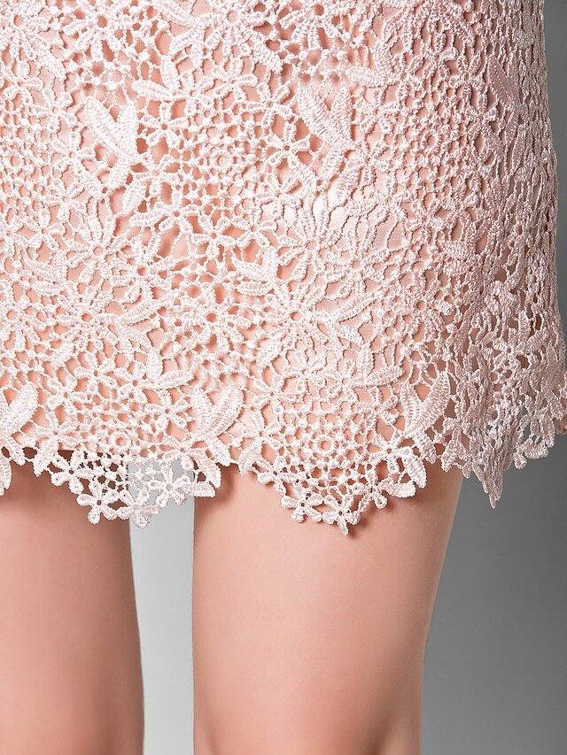 Sheath / Column Mother of the Bride Dress Bateau Neck Short / Mini Lace Half Sleeve with Lace Pleats Appliques  / Illusion Sleeve - RongMoon