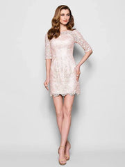 Sheath / Column Mother of the Bride Dress Bateau Neck Short / Mini Lace Half Sleeve with Lace Pleats Appliques  / Illusion Sleeve - RongMoon