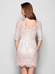 Sheath / Column Mother of the Bride Dress Bateau Neck Short / Mini Lace Half Sleeve with Lace Pleats Appliques  / Illusion Sleeve - RongMoon